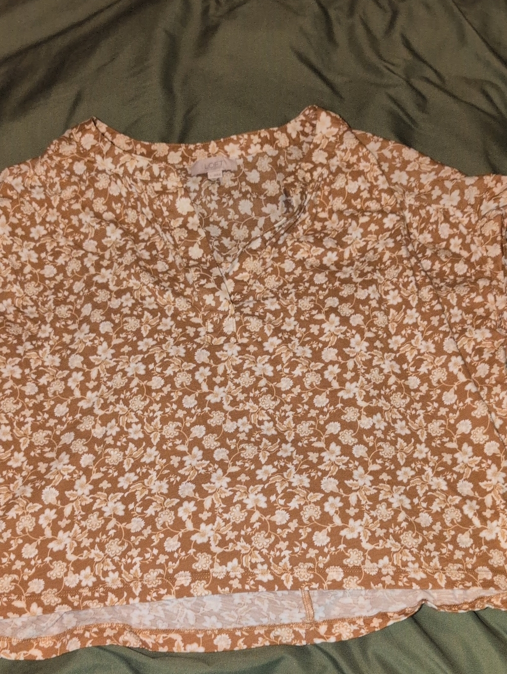 LOFT Brown and White Floral V-Neck Blouse